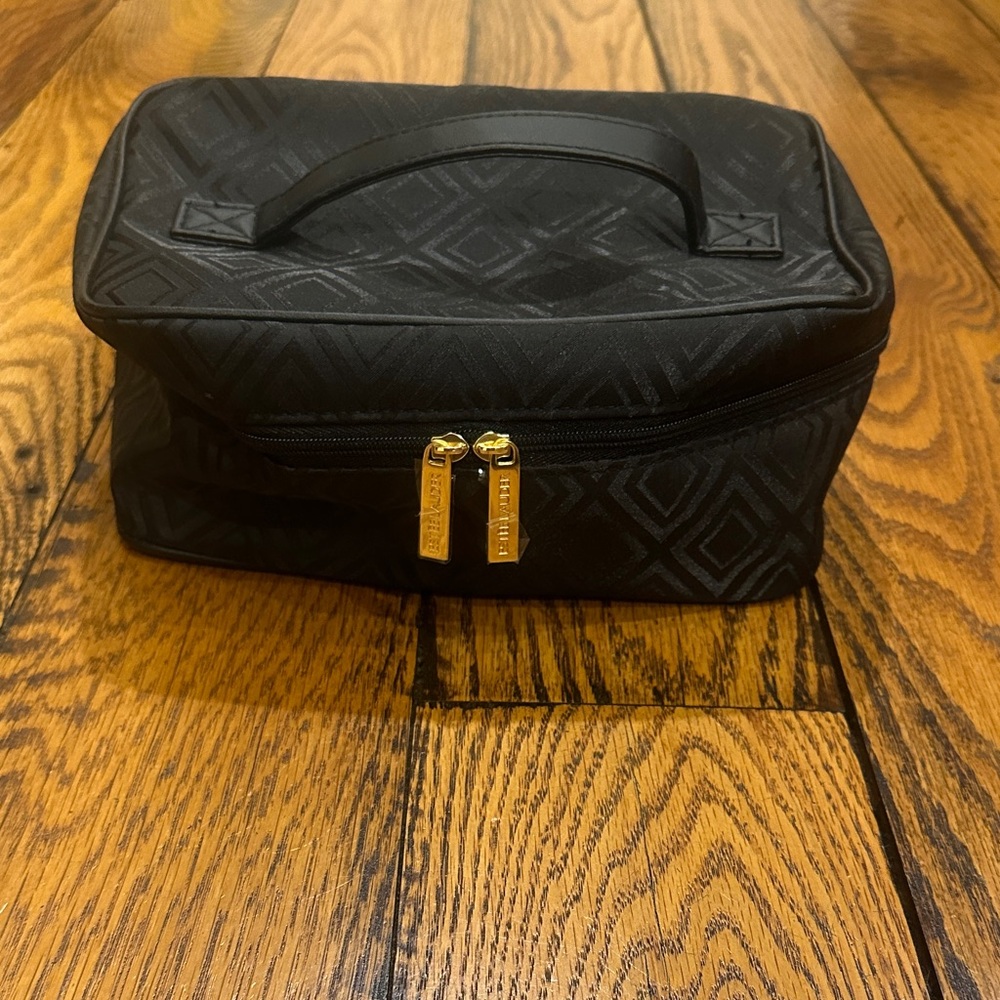 NEW💕ESTEE LAUDER Black Cosmetic Bag with Print ,Gold Zippers & Carry Handle